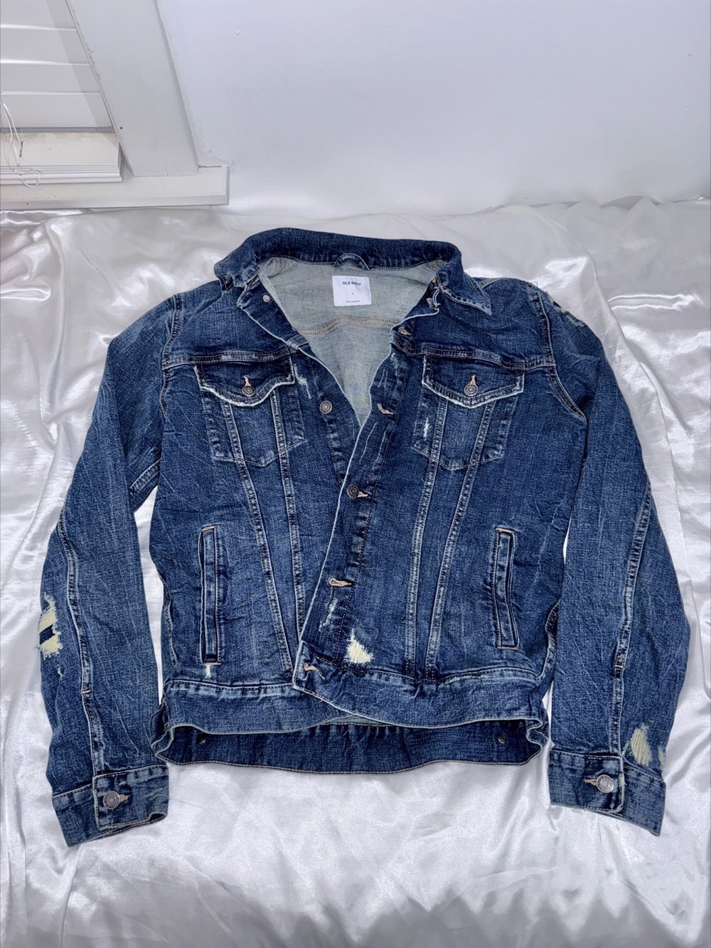 Old Navy Distressed Denim Jacket for Men Blue Size Large